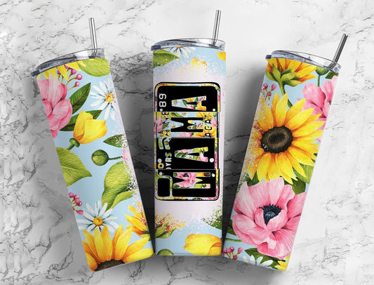 Blue Pink Yellow Floral 20oz Sublimation Tumbler Designs,Mama Number Plate 9.2 x 8.3” Straight Skinny Tumbler, Tumbler Wrap PNG