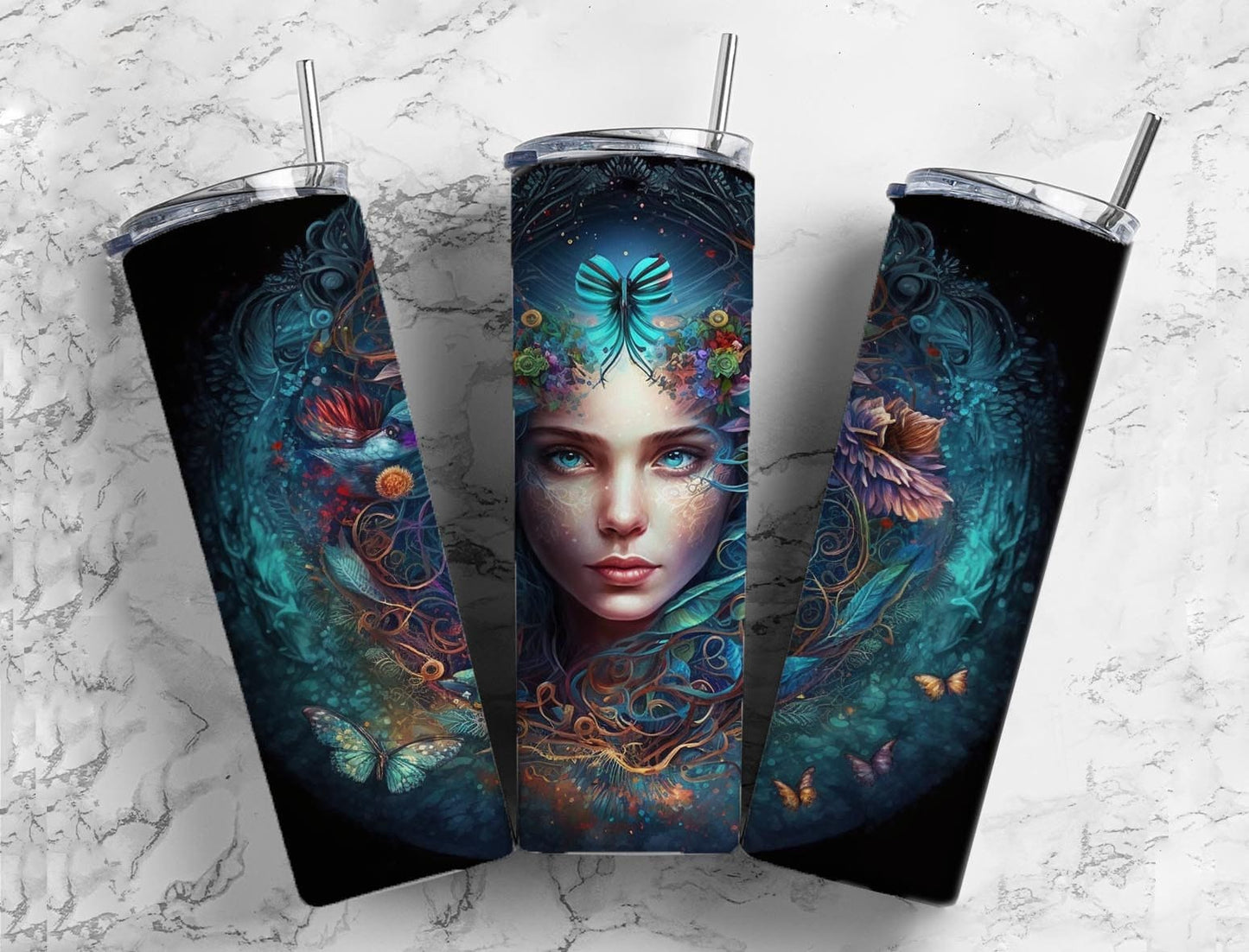 Butterfly girl 20oz Sublimation Tumbler Designs, dark nighttime 9.2 x 8.3” Straight Skinny Tumbler Wrap PNG