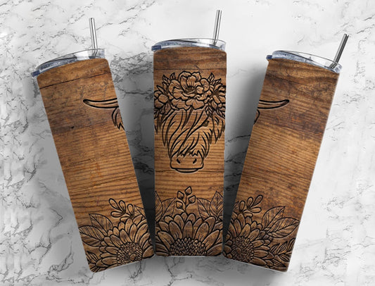 Engraved Highland Cow 20oz Sublimation Tumbler Designs, Woodgrain 9.2 x 8.3” Straight Skinny Tumbler Wrap PNG, Flower Tumbler, Deer PNG