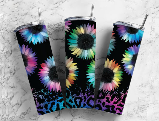 Rainbow Sunflower 20oz Sublimation Tumbler Designs, Leopard Print 9.2 x 8.3” Straight Skinny Tumbler Wrap PNG, Sublimation design