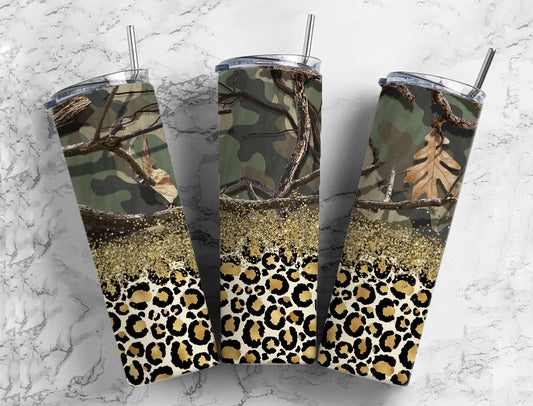 camo hunting leopard  20oz Sublimation Tumbler Designs, Gold Leopard 9.2 x 8.3” Straight Skinny Tumbler Wrap PNG