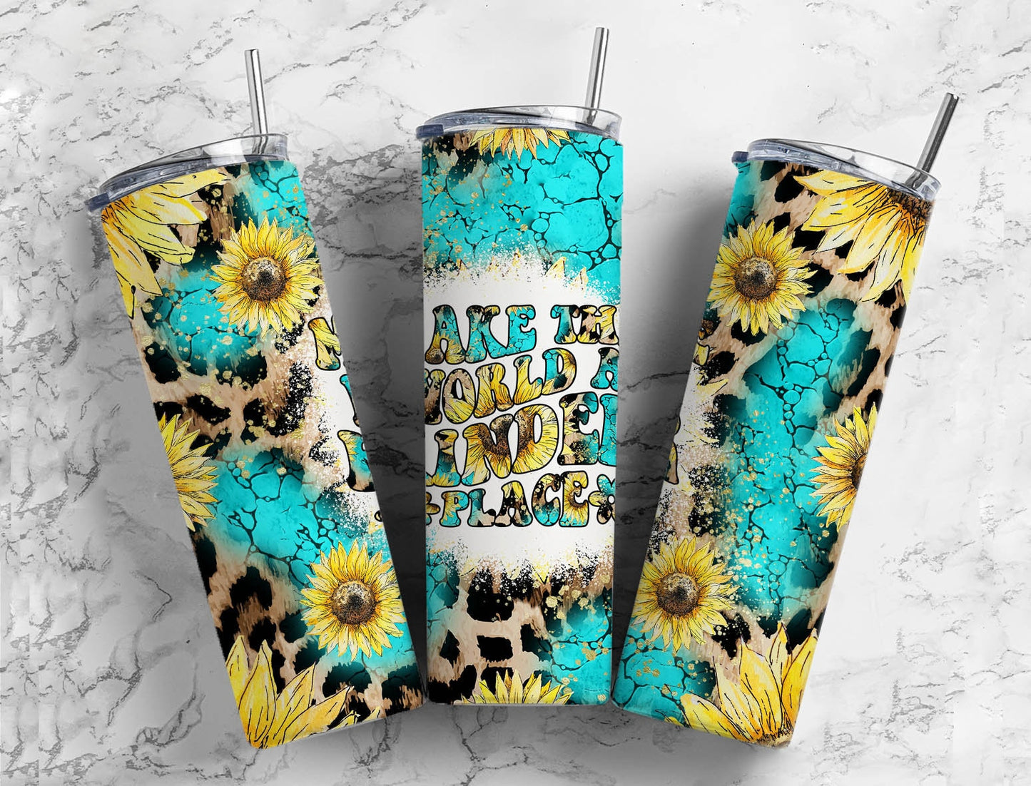 Sunflower Blue Gem 20oz Sublimation Tumbler Designs, Leopard Print Make The World A Kinder Place 9.2 x 8.3” Straight Skinny Tumbler PNG