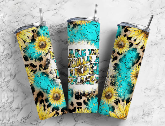 Sunflower Blue Gem 20oz Sublimation Tumbler Designs, Leopard Print Make The World A Kinder Place 9.2 x 8.3” Straight Skinny Tumbler PNG