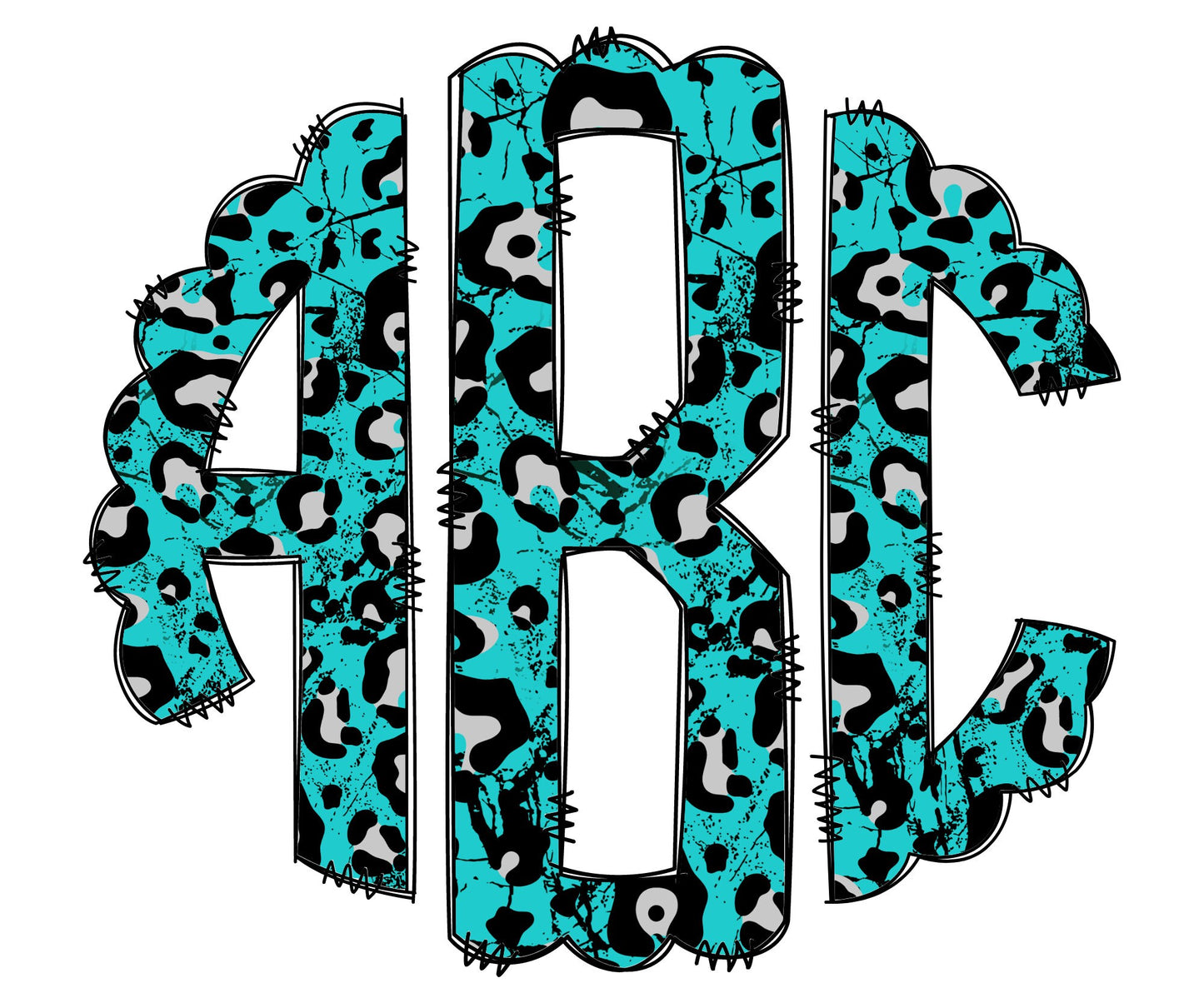 Turquoise Gem Leopard Monogram Letters, Teal Stone Sublimation PNG Elements Hand Drawn Doodle Alpha Bundle, Cheetah Sublimation Font PNG