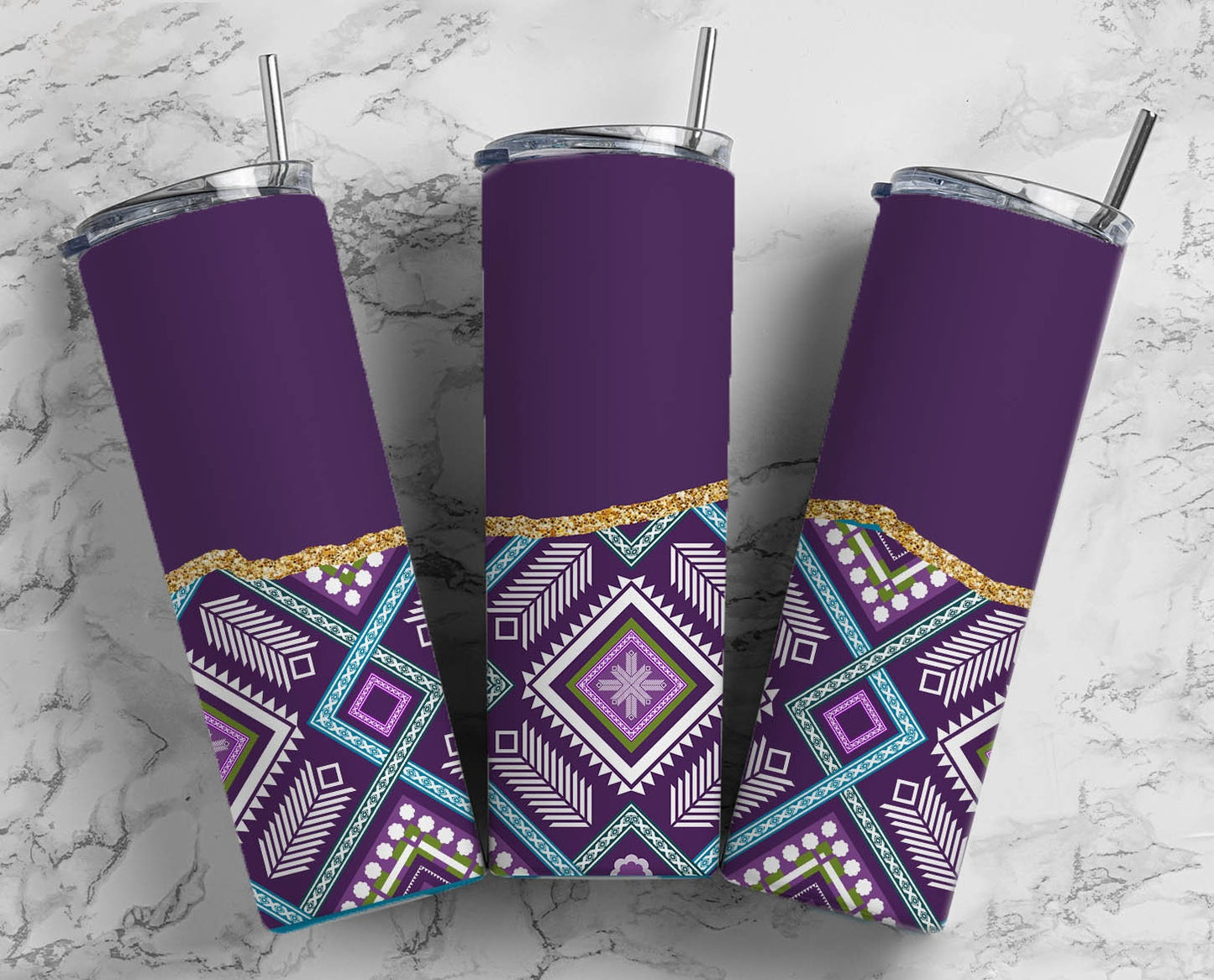 Bright Aztec Print 20oz Sublimation Tumbler Designs, Fluro Purple Agate 9.2 x 8.3” Straight Skinny Tumbler Wrap PNG 106