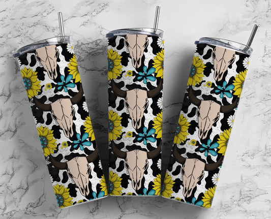 Bull Skull 20oz Sublimation Tumbler Designs, Sunflower 9.2 x 8.3” Straight Skinny Tumbler, Turquoise Wrap PNG