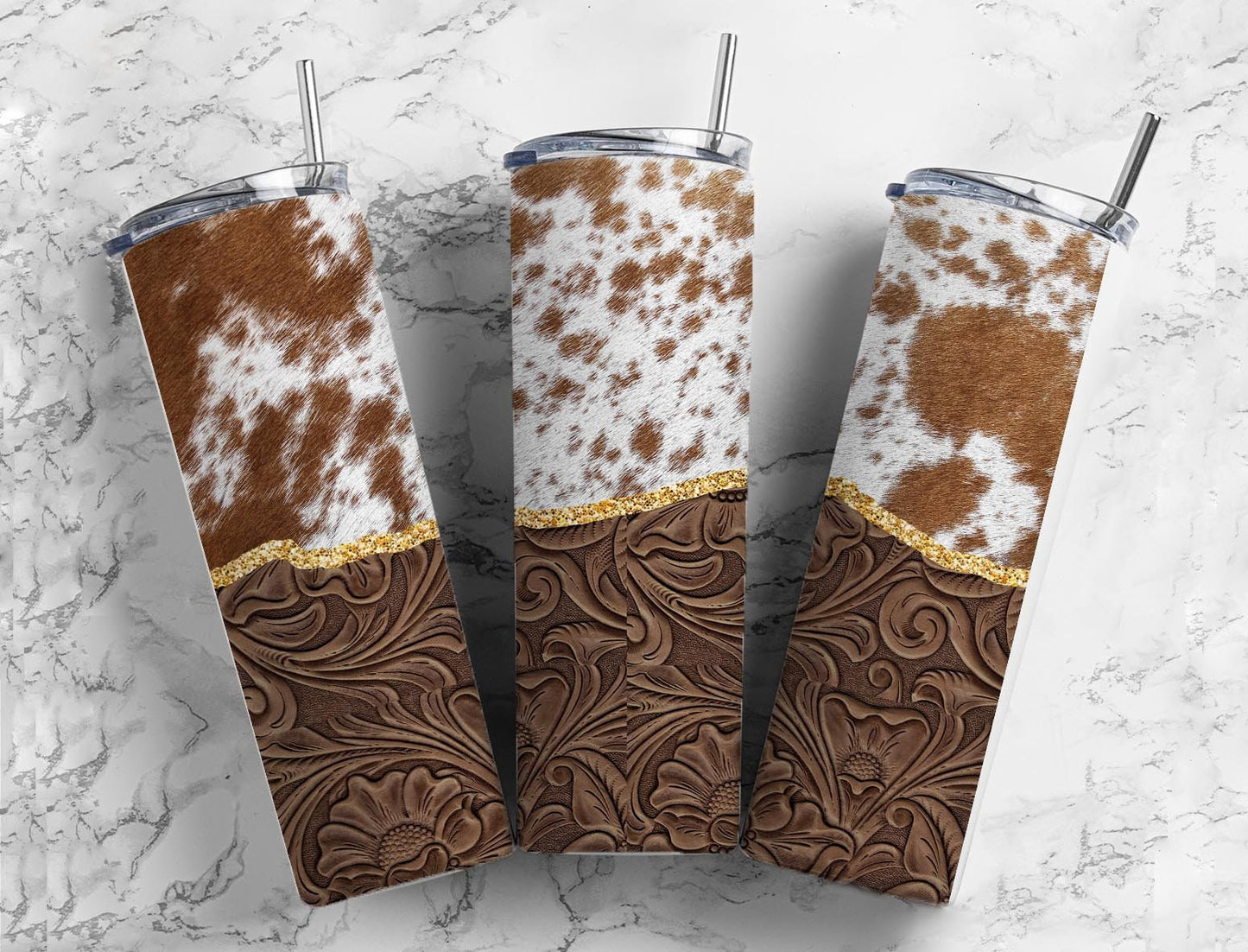 Tooled Leather and Cow 20oz Sublimation Tumbler Designs, Country Western 9.2 x 8.3” Straight Skinny Tumbler Wrap PNG