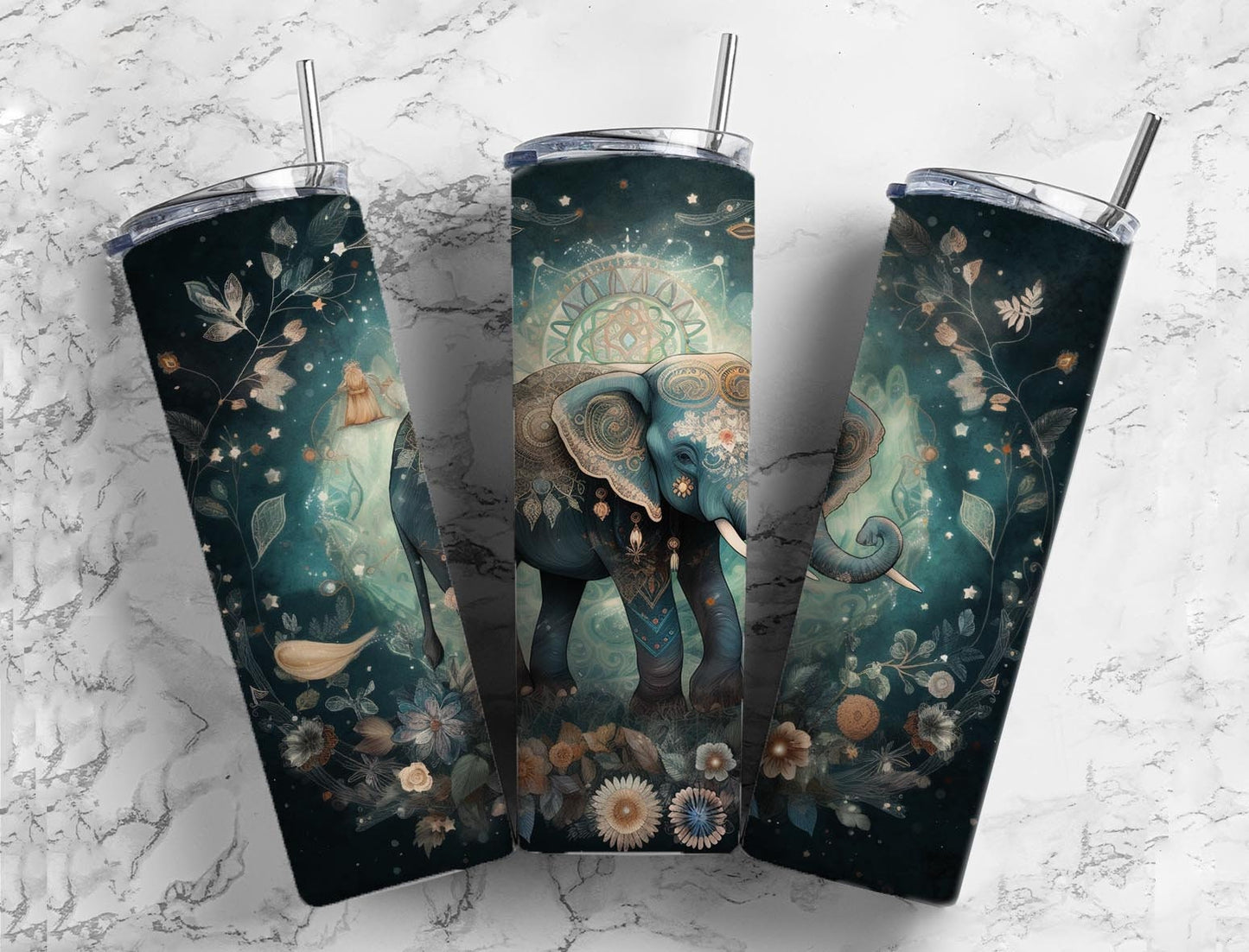 Elephant 20oz Sublimation Tumbler Designs, Dark floral 9.2 x 8.3” Straight Skinny Tumbler Wrap PNG