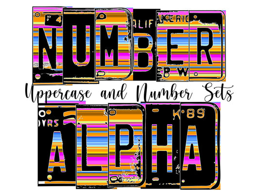 Serape Number Plate Alphabet Uppercase Numbers PNG, Pink Orange Alphabet PNG Digital Download