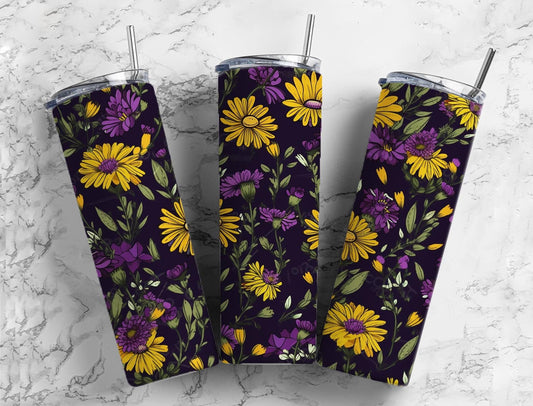 Purple and yellow floral 20oz Sublimation Tumbler Designs, Botanical 9.2 x 8.3” Straight Skinny Tumbler Wrap PNG