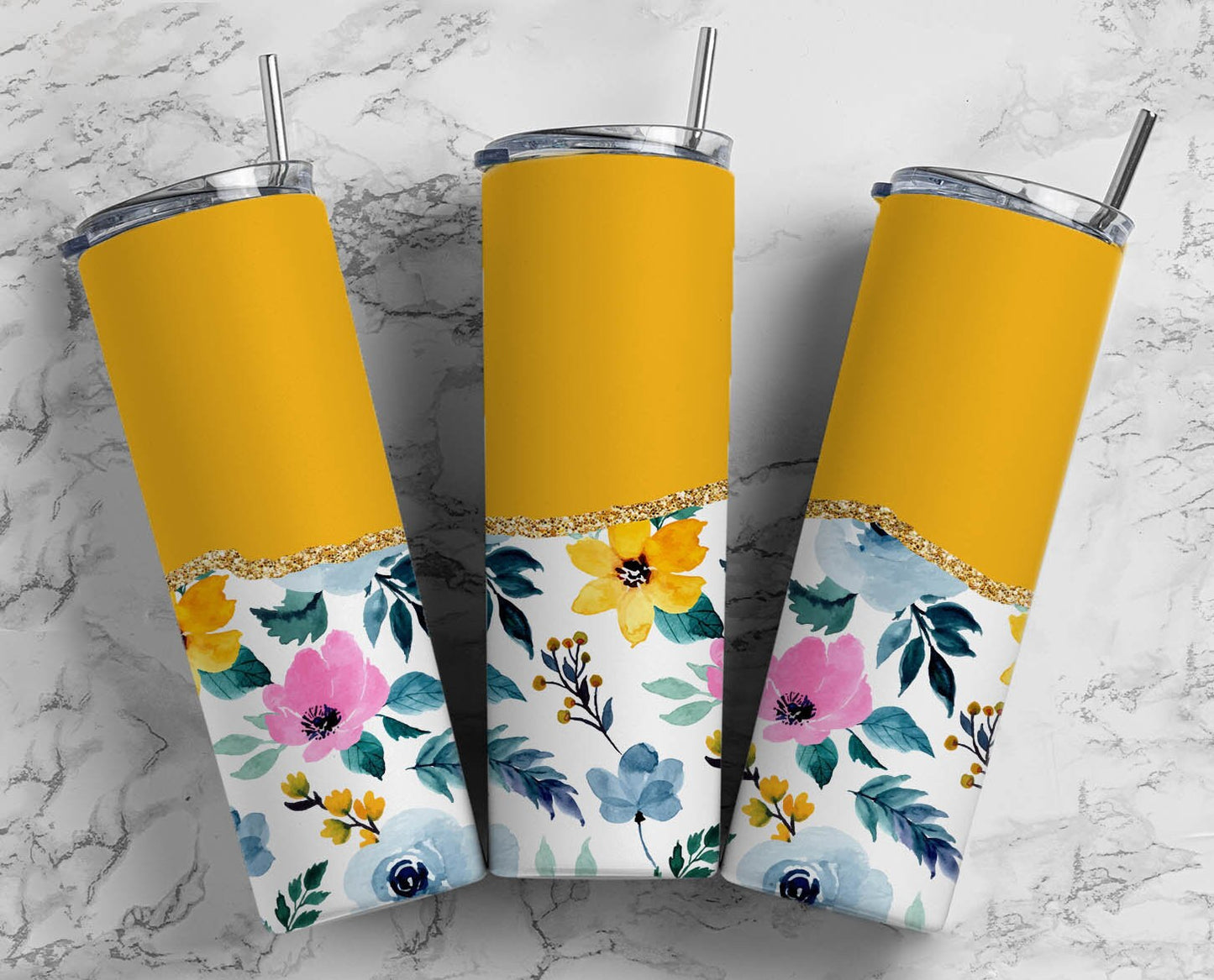 Yellow Flower 20oz Sublimation Tumbler Designs, AestheticFloral 9.2 x 8.3” Straight Skinny Tumbler Wrap PNG, Gold Agate 144