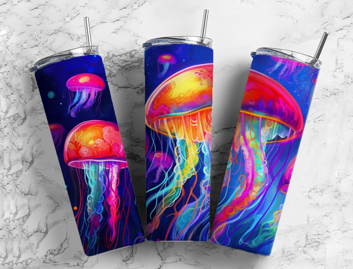 Rainbow jellyfish 20oz Sublimation Tumbler Designs, neon ocean 9.2 x 8.3” Straight Skinny Tumbler Wrap PNG