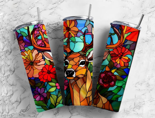 Stained glass 20oz Sublimation Tumbler Designs, Deer floral 9.2 x 8.3” Straight Skinny Tumbler Wrap PNG