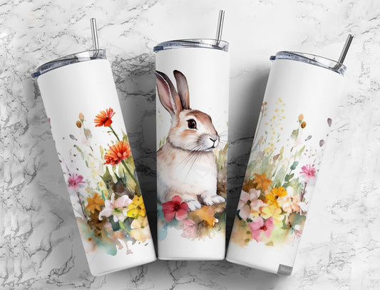 Rabbit 20oz Sublimation Tumbler Designs, watercolor floral 9.2 x 8.3” Straight Skinny Tumbler Wrap PNG