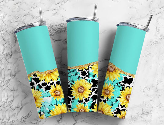 Sunflower Cow Turquoise 20oz Sublimation Tumbler Designs, Teal and Leopard Country Western 9.2 x 8.3” Straight Skinny Tumbler Wrap PNG 1