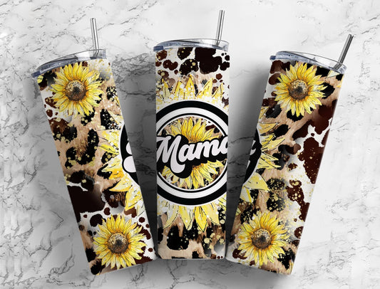 Mama Sunflower 20oz Sublimation Tumbler Designs, Retro Leopard 9.2 x 8.3” Straight Skinny Tumbler Wrap PNG, Sublimation Design PNG