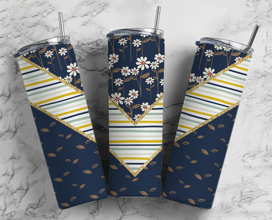 Botanical Blue 20oz Sublimation Tumbler Designs, Yellow Blue Stripe V Split 9.2 x 8.3” Straight Skinny Tumbler Wrap PNG 26