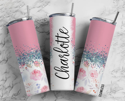 Pink Watercolour FLower Rose 20oz Sublimation Tumbler Designs, Silver Glitter Split9.2 x 8.3” Straight Skinny Tumbler Wrap PNG 194