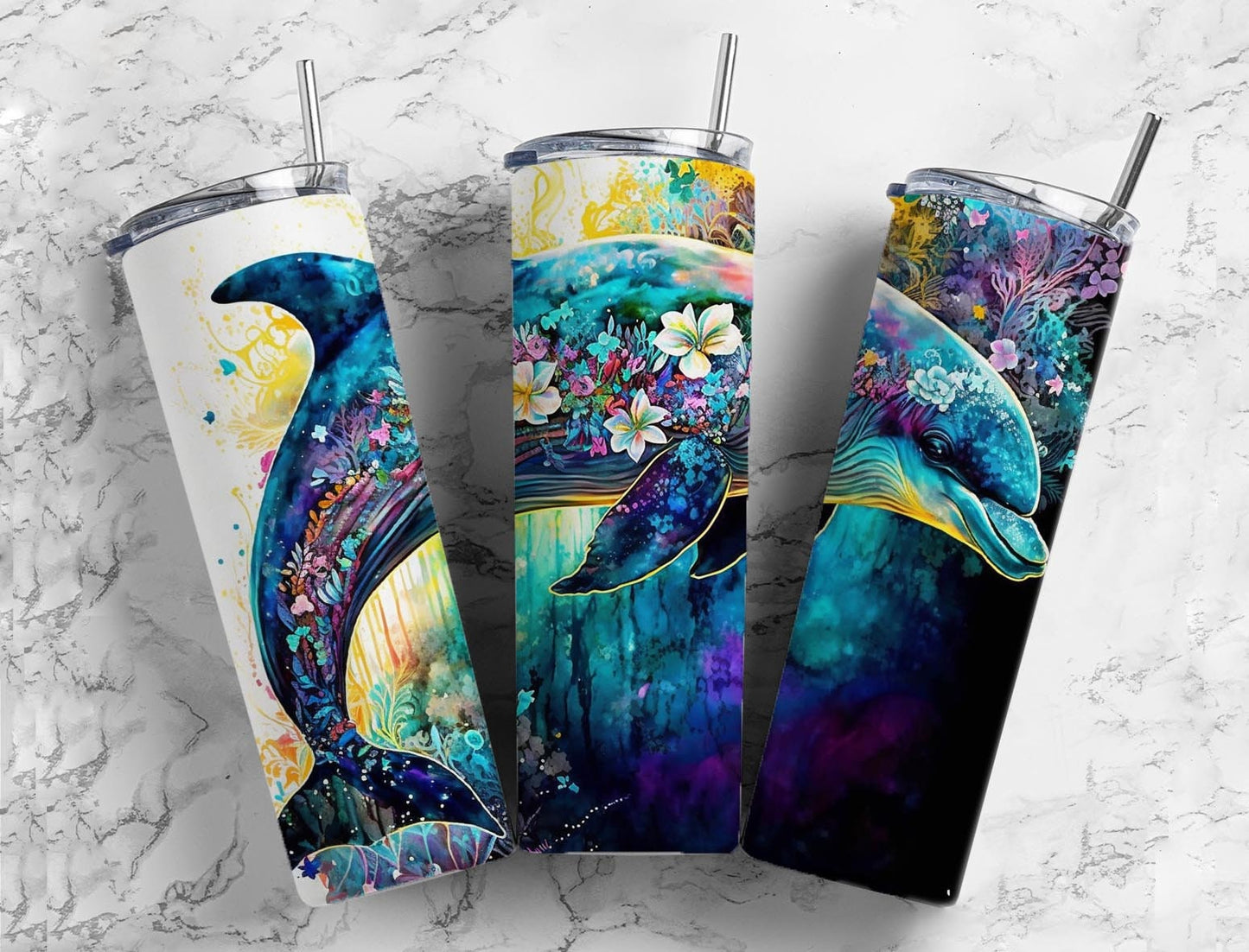 Alcohol ink dolphin 20oz Sublimation Tumbler Designs, ocean floral 9.2 x 8.3” Straight Skinny Tumbler Wrap PNG