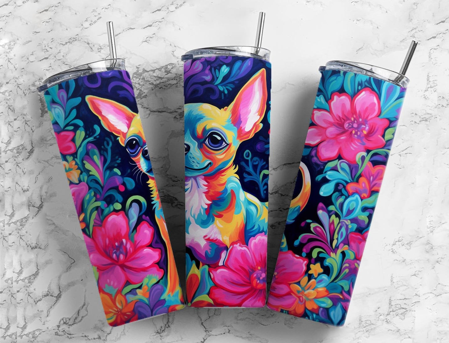 Chihuahua 20oz Sublimation Tumbler Designs, Colorful floral 9.2 x 8.3” Straight Skinny Tumbler Wrap PNG