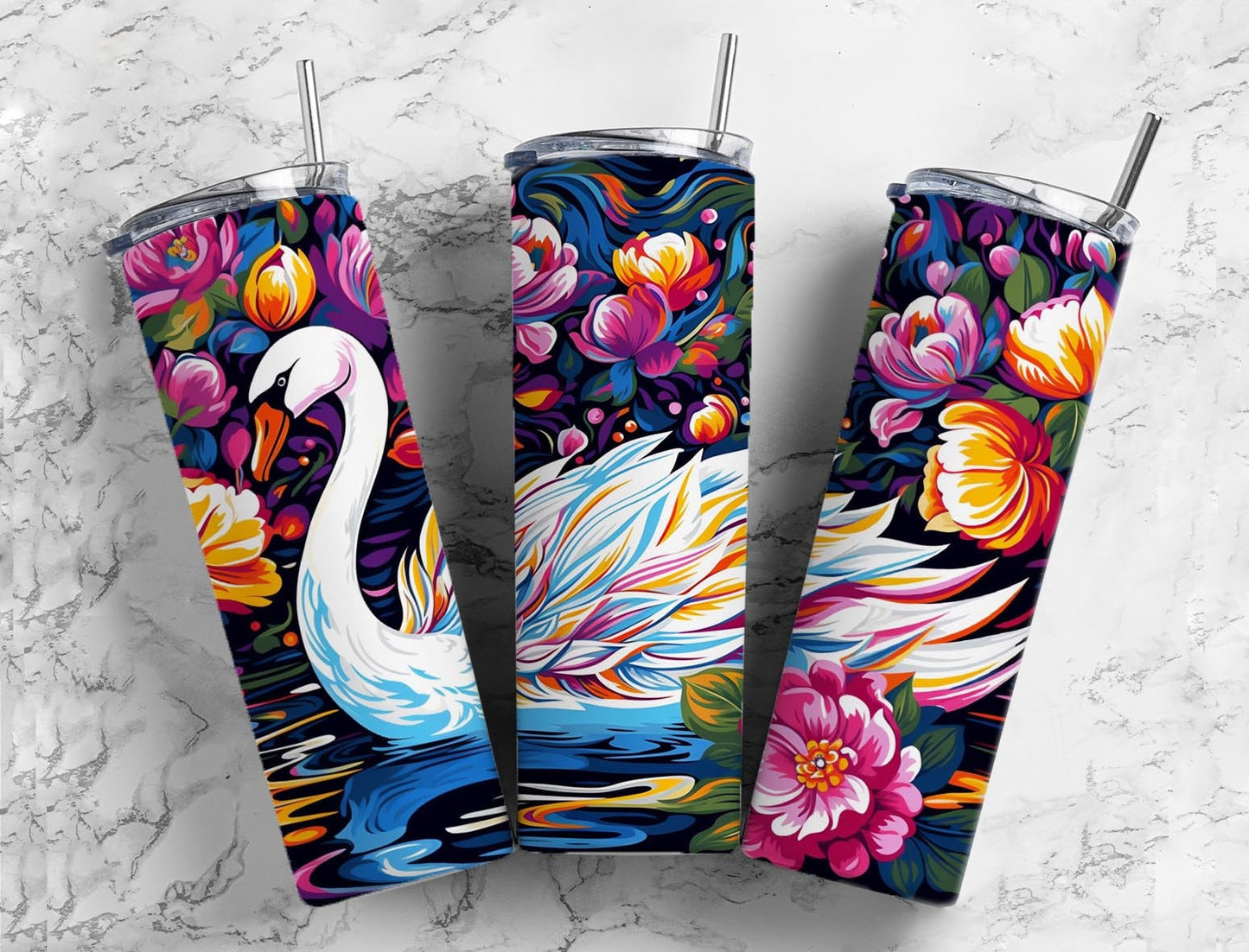 White swan 20oz Sublimation Tumbler Designs, Floral lake 9.2 x 8.3” Straight Skinny Tumbler Wrap PNG