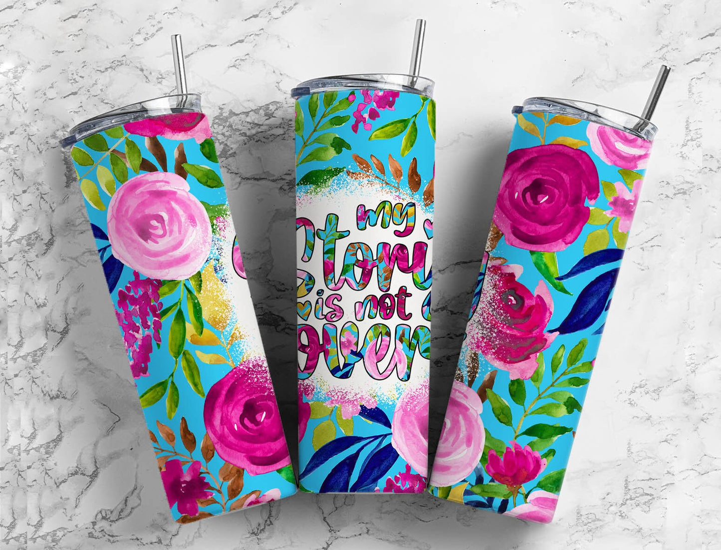 Botanical Blue 20oz Sublimation Tumbler Designs, Flower My Story Is Not Over 9.2 x 8.3” Straight Skinny Tumbler PNG