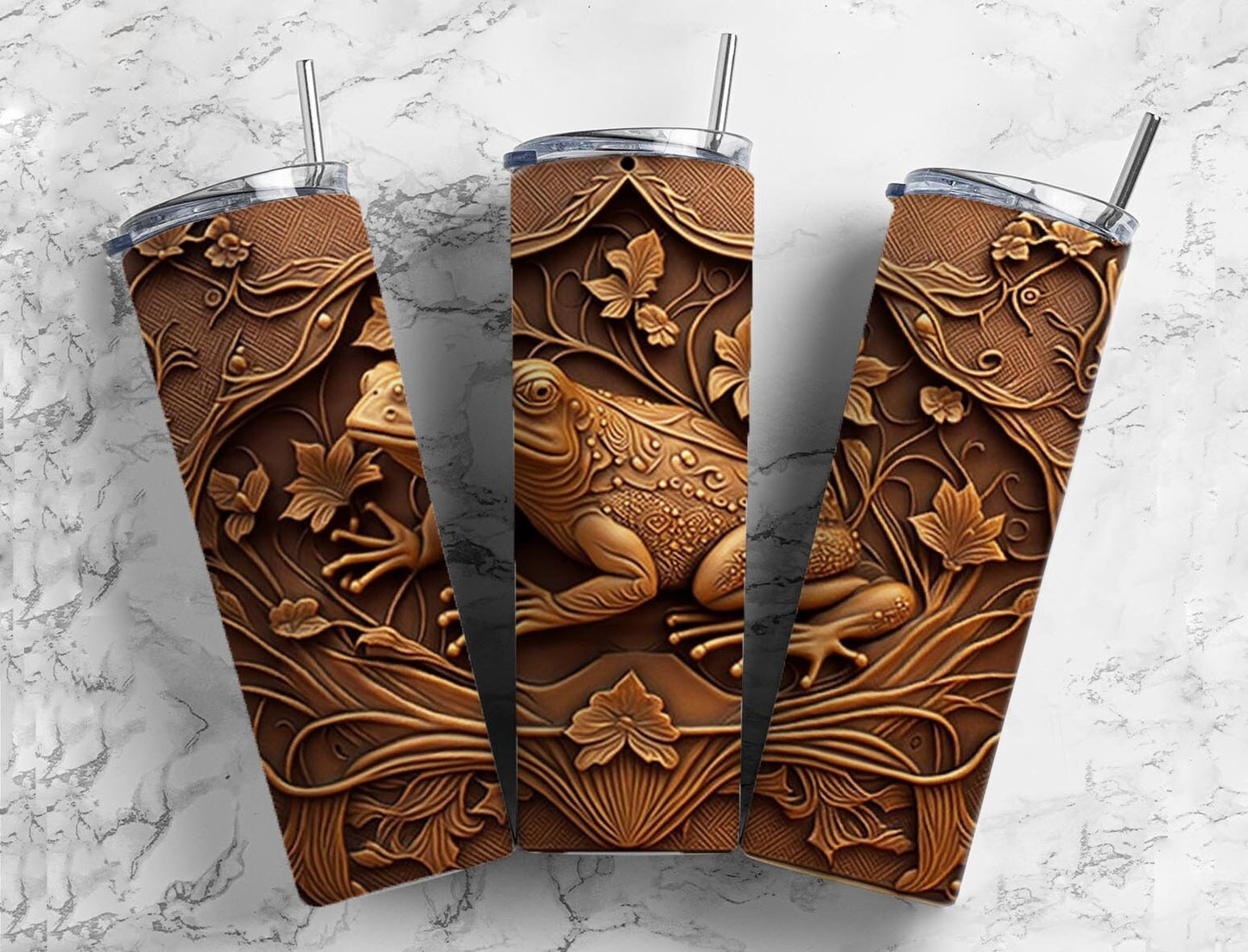 Tooled leather frog 20oz Sublimation Tumbler Designs, Engraved leather 9.2 x 8.3” Straight Skinny Tumbler Wrap