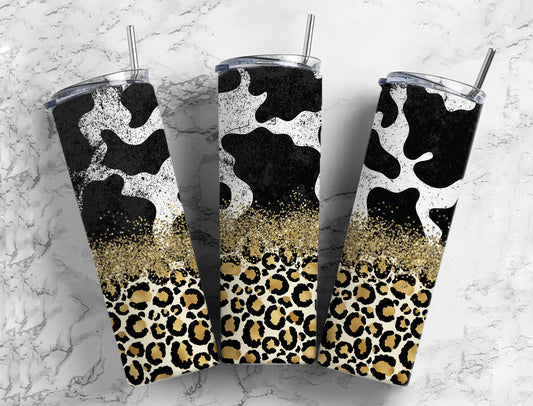 Cow Animal Print GLitter  20oz Sublimation Tumbler Designs, Gold Leopard 9.2 x 8.3” Straight Skinny Tumbler Wrap PNG