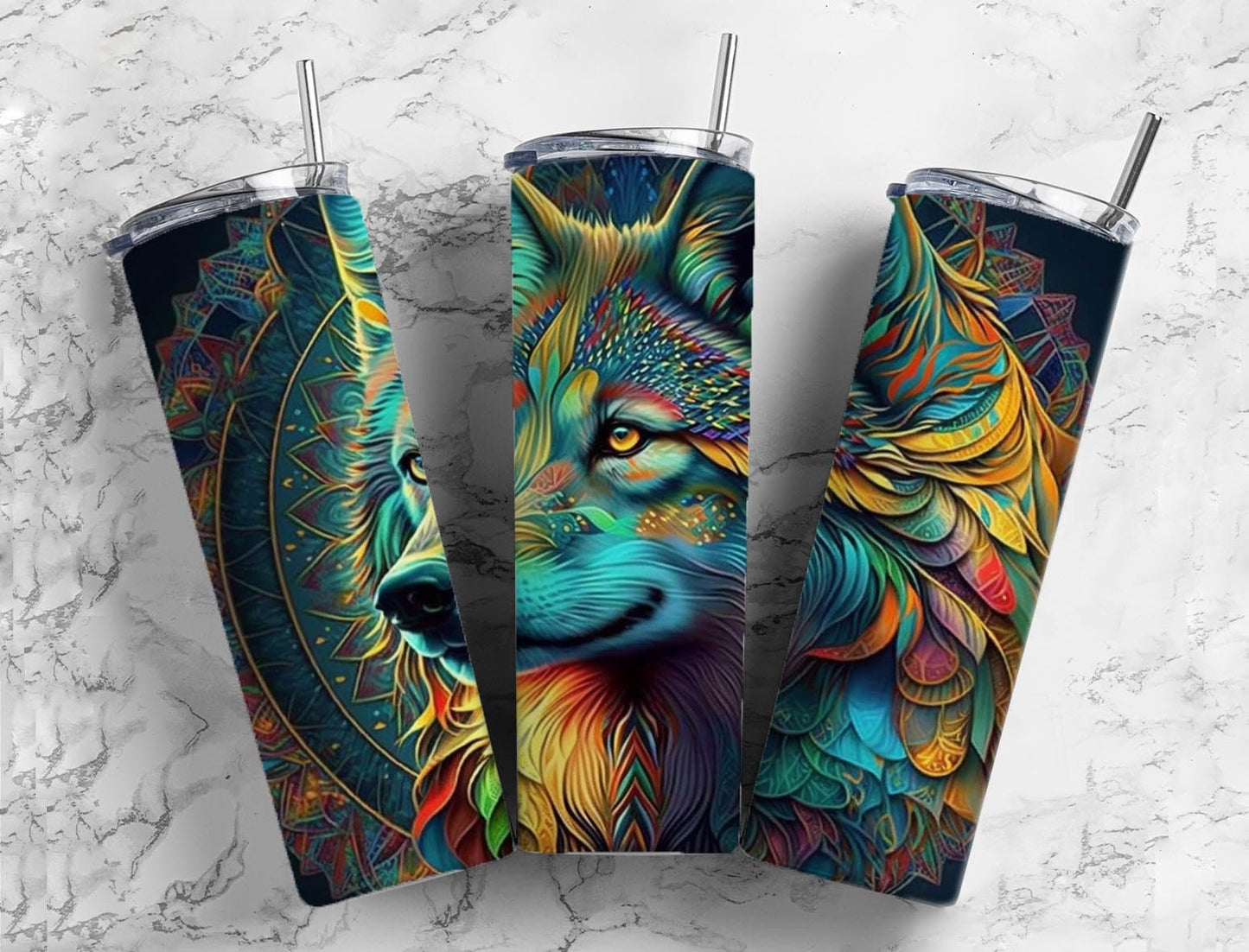 Rainbow wolf 20oz Sublimation Tumbler Designs, Colored neon 9.2 x 8.3” Straight Skinny Tumbler Wrap PNG