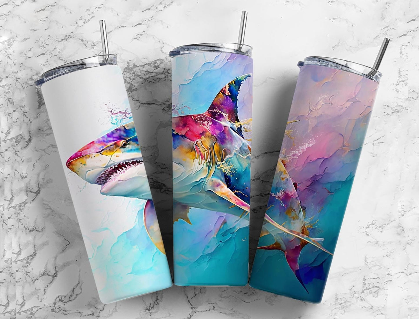 Shark Sunset 20oz Sublimation Tumbler Designs, Natural Ocean 9.2 x 8.3” Straight Skinny Tumbler, Tumbler Wrap PNG