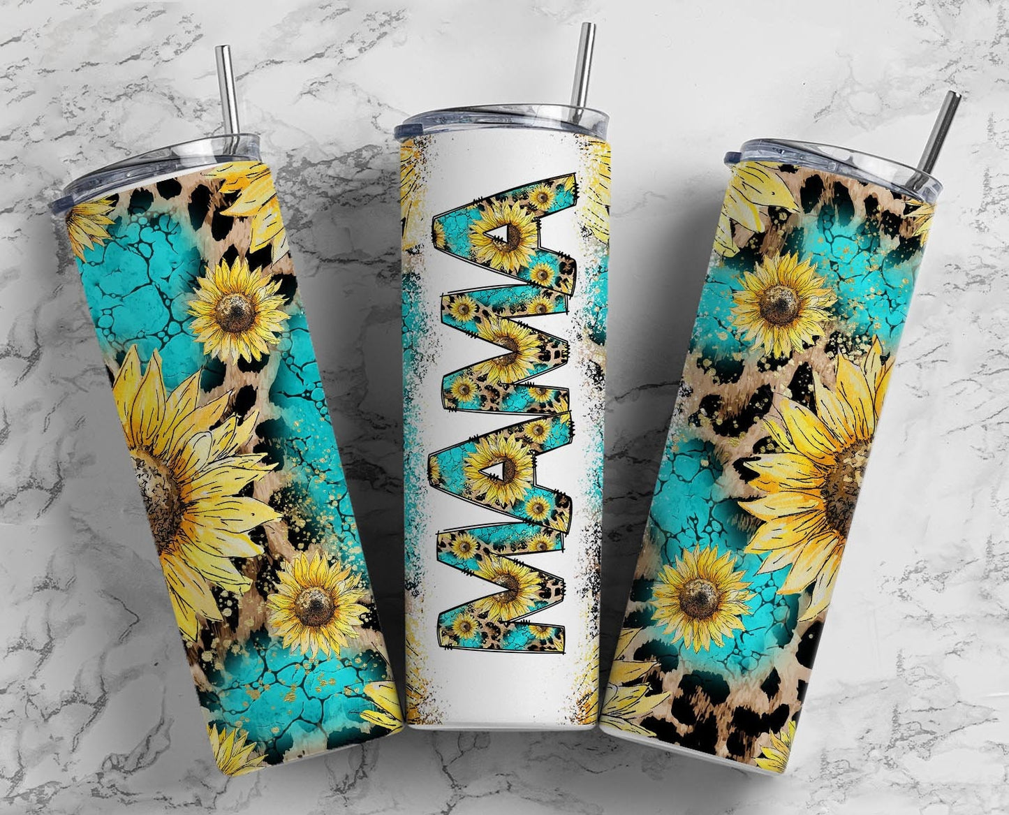 Seamless Sunflower Mama Turquoise Leopard Western Floral Tumbler Wrap PNG Mama Seamless 20oz Sublimation Tumbler, Mothers. Mama Tumbler, PNG