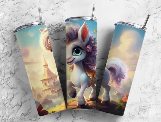 cartoon horse 20oz Sublimation Tumbler Designs, village landscape 9.2 x 8.3” Straight Skinny Tumbler Wrap PNG