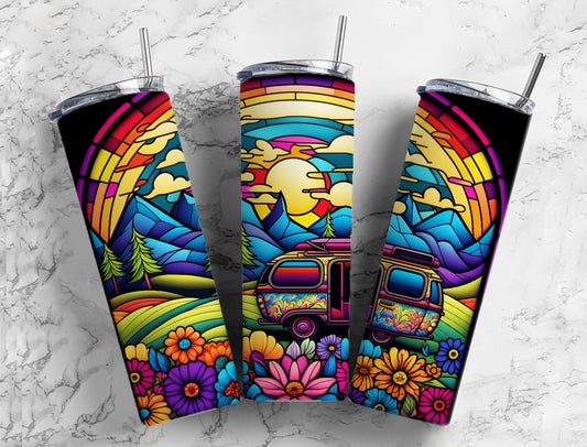 Stained Glass Camper van 20oz Sublimation Tumbler Designs, Rainbow neon 9.2 x 8.3” Straight Skinny Tumbler Wrap