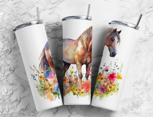 Brown horse 20oz Sublimation Tumbler Designs, watercolor floral 9.2 x 8.3” Straight Skinny Tumbler Wrap PNG