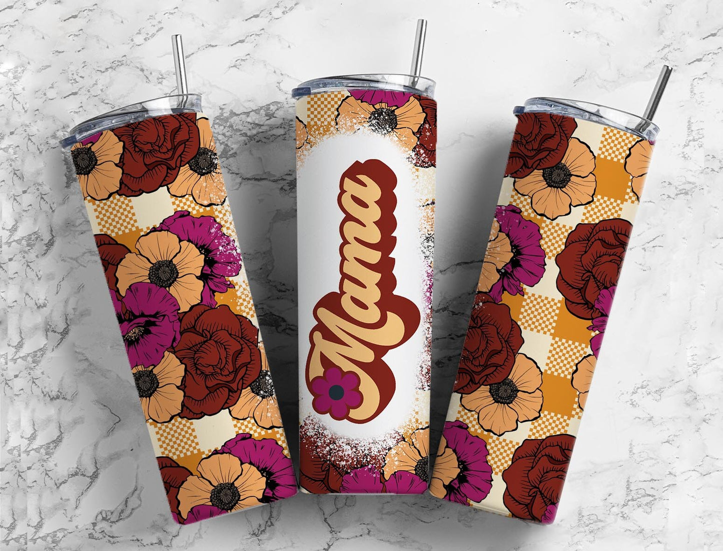 Pumpkin Fall Retro 20oz Sublimation Tumbler Designs, Mom Aesthetic Floral 9.2 x 8.3” Straight Skinny Tumbler Wrap PNG, Mama 7