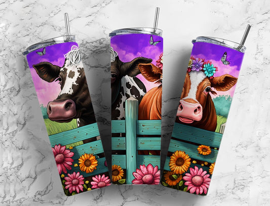 Neon Cow 20oz Sublimation Tumbler Designs, Country Western 9.2 x 8.3” Straight Skinny Tumbler Wrap PNG, Sublimation Design PNG