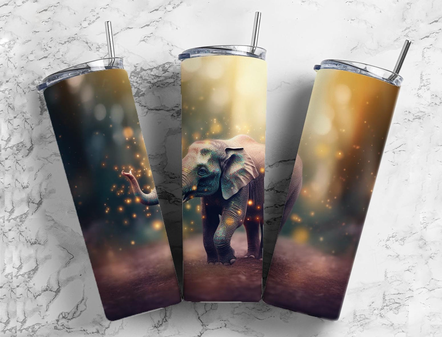 Baby elephant 20oz Sublimation Tumbler Designs, firefly bokeh 9.2 x 8.3” Straight Skinny Tumbler Wrap PNG