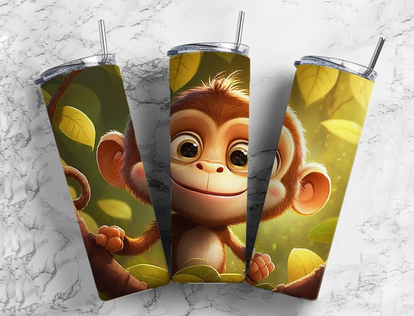 Cartoon monkey 20oz Sublimation Tumbler Designs, Jungle forest 9.2 x 8.3” Straight Skinny Tumbler Wrap PNG