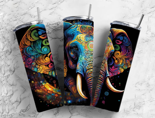 Rainbow elephant 20oz Sublimation Tumbler Designs, neon colorful 9.2 x 8.3” Straight Skinny Tumbler Wrap PNG