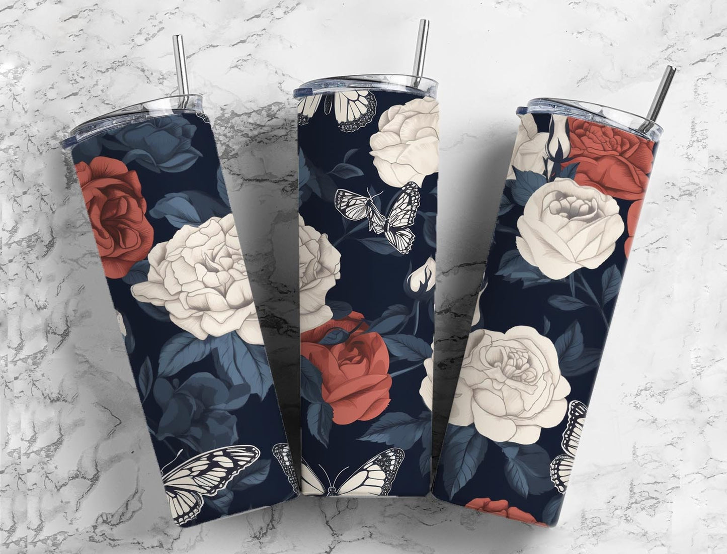 Butterfly roses 20oz Sublimation Tumbler Designs, Red and white floral 9.2 x 8.3” Straight Skinny Tumbler Wrap PNG