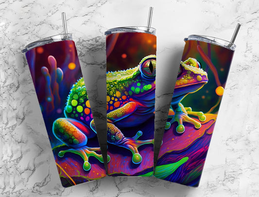 Rainbow frog 20oz Sublimation Tumbler Designs, neon rainbow 9.2 x 8.3” Straight Skinny Tumbler Wrap PNG