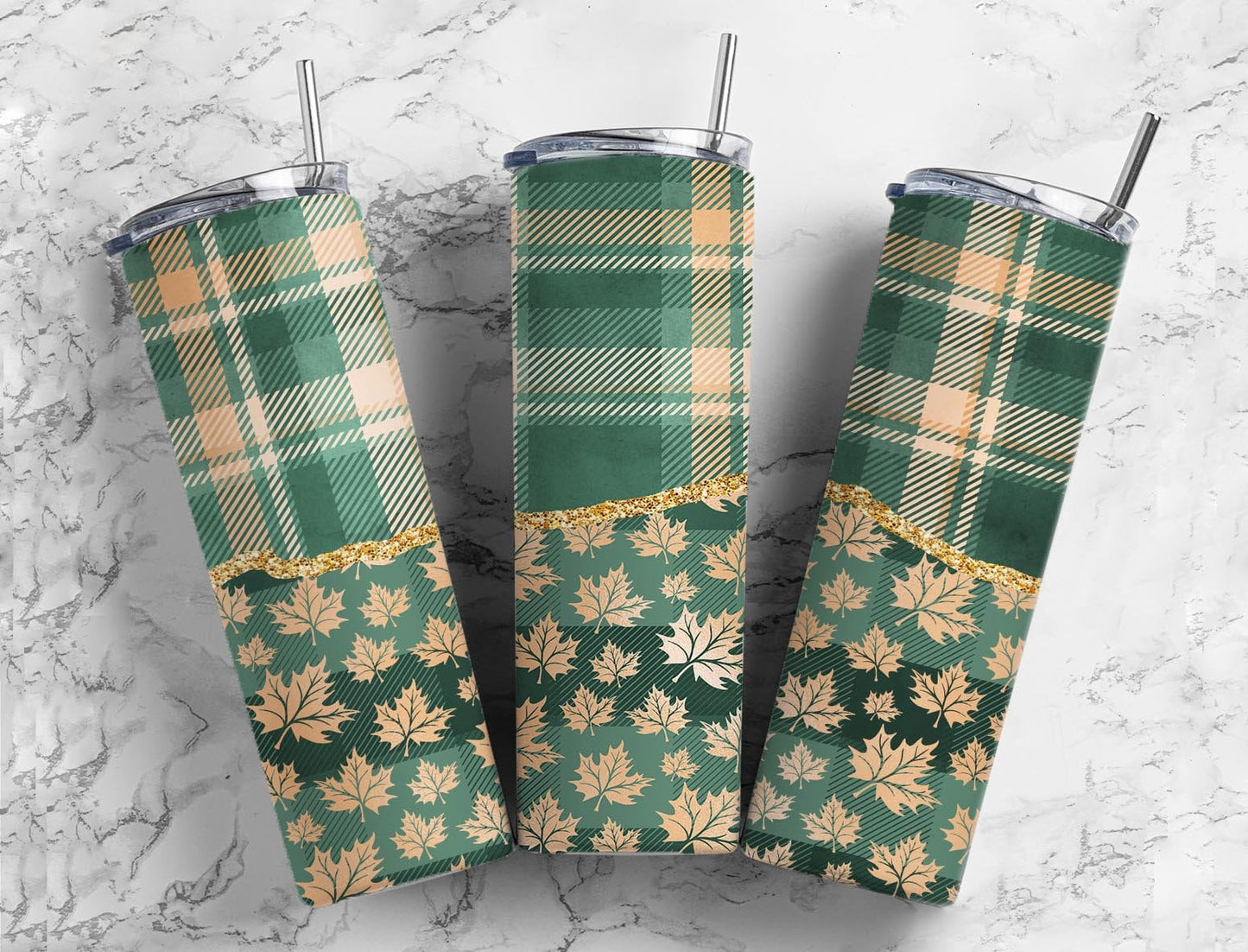 Pumpkin Fall Plaid 20oz Sublimation Tumbler Designs, Aesthetic Tartan Orange 9.2 x 8.3” Straight Skinny Tumbler Wrap PNG, Green Pumpkin