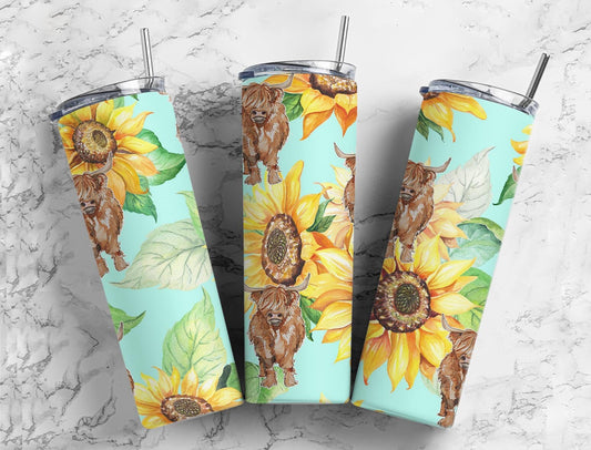 Highland Cow Sunflower 20oz Sublimation Tumbler Designs, Boho 9.2 x 8.3” Straight Skinny Tumbler, Minimalist Wrap PNG