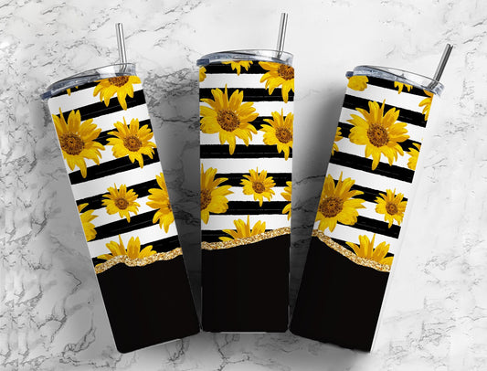 Striped sunflower 20oz Sublimation Tumbler Designs, Black and yellow 9.2 x 8.3” Straight Skinny Tumbler Wrap PNG