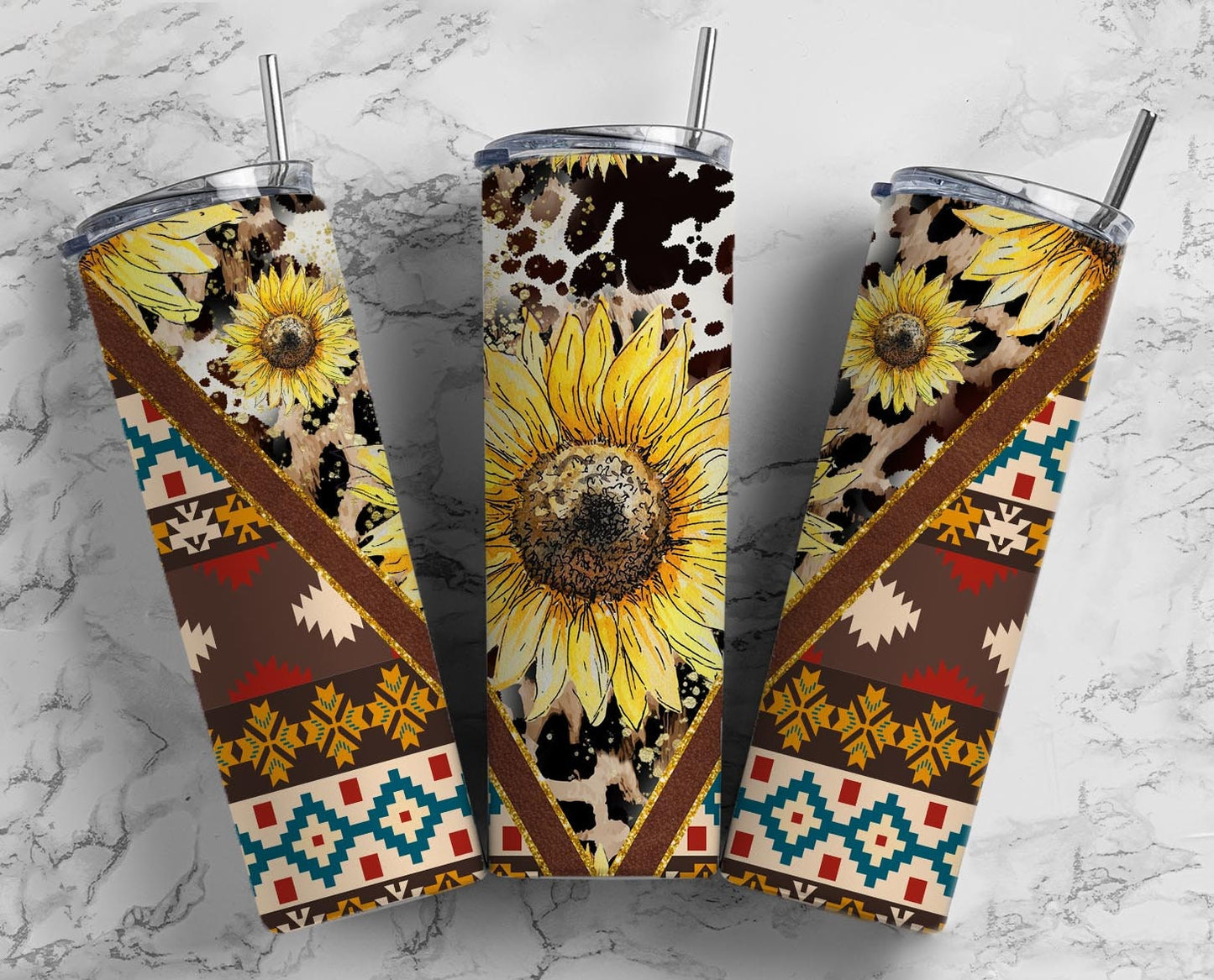 Sunflower Tribal 20oz Sublimation Tumbler Designs, Aztec Country Western 9.2 x 8.3” Straight Skinny Tumbler, Horse Lover Wrap PNG