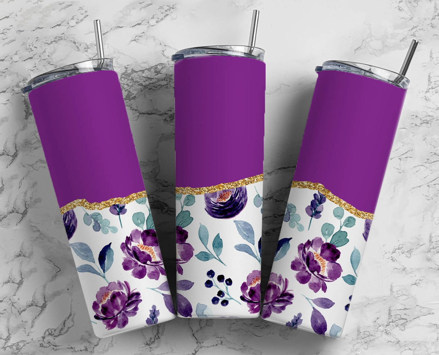 Purple Flower 20oz Sublimation Tumbler Designs, Aesthetic Floral 9.2 x 8.3” Straight Skinny Tumbler Wrap PNG, Gold Agate 114