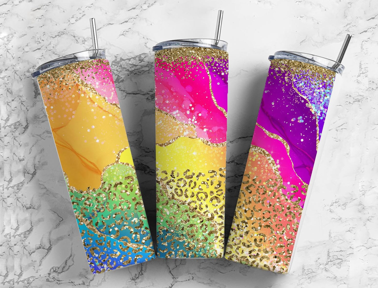 Rainbow Agate 20oz Sublimation Tumbler Designs, Glitter leopard 9.2 x 8.3” Straight Skinny Tumbler Wrap PNG