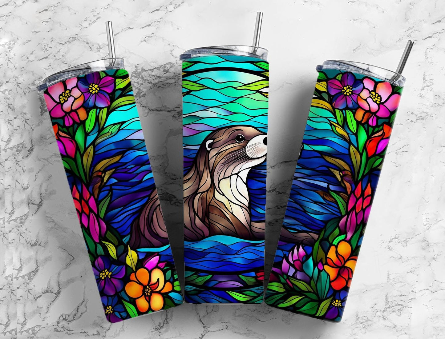 Sea otter floral 20oz Sublimation Tumbler Designs, Colorful rainbow 9.2 x 8.3” Straight Skinny Tumbler Wrap PNG