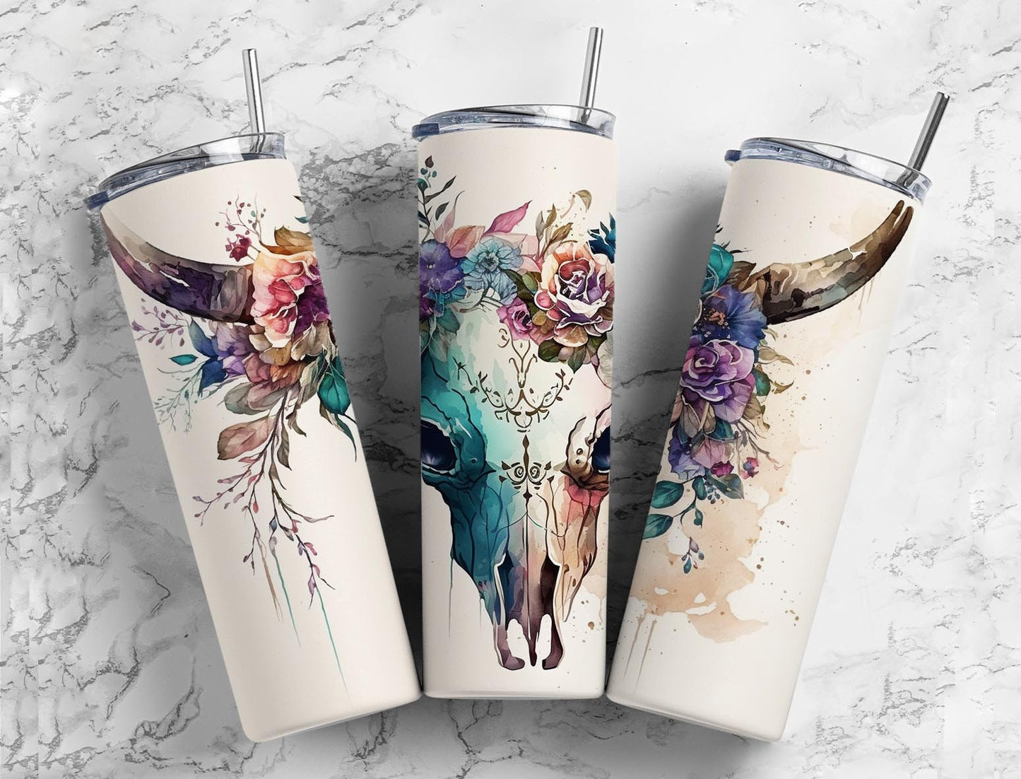 Watercolor ox skull 20oz Sublimation Tumbler Designs, colorful floral 9.2 x 8.3” Straight Skinny Tumbler Wrap PNG