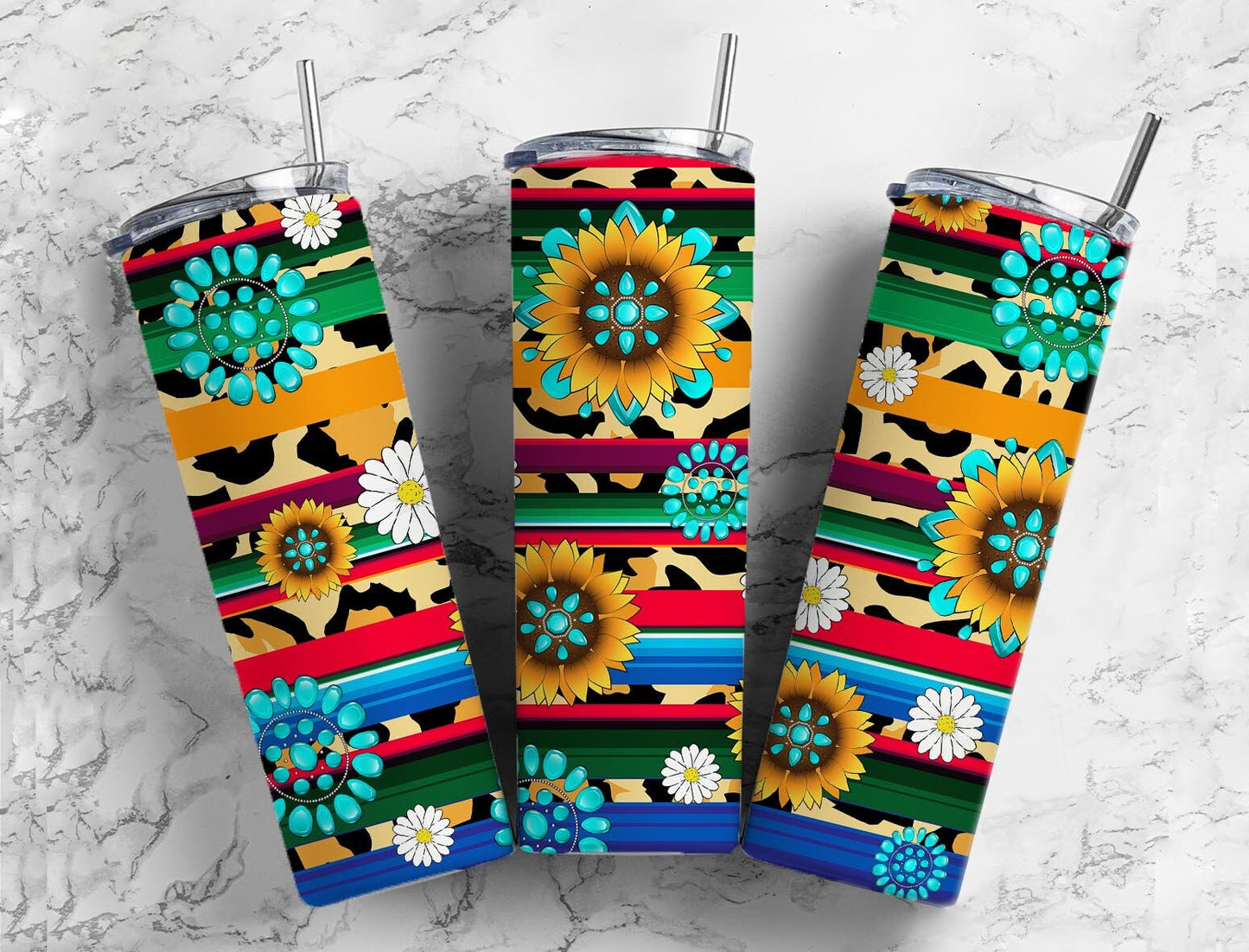 Turquoise Gem Serape 20oz Sublimation Tumbler Designs, Leopard Print Sunflower 9.2 x 8.3” Straight Skinny Tumbler, PNG 9